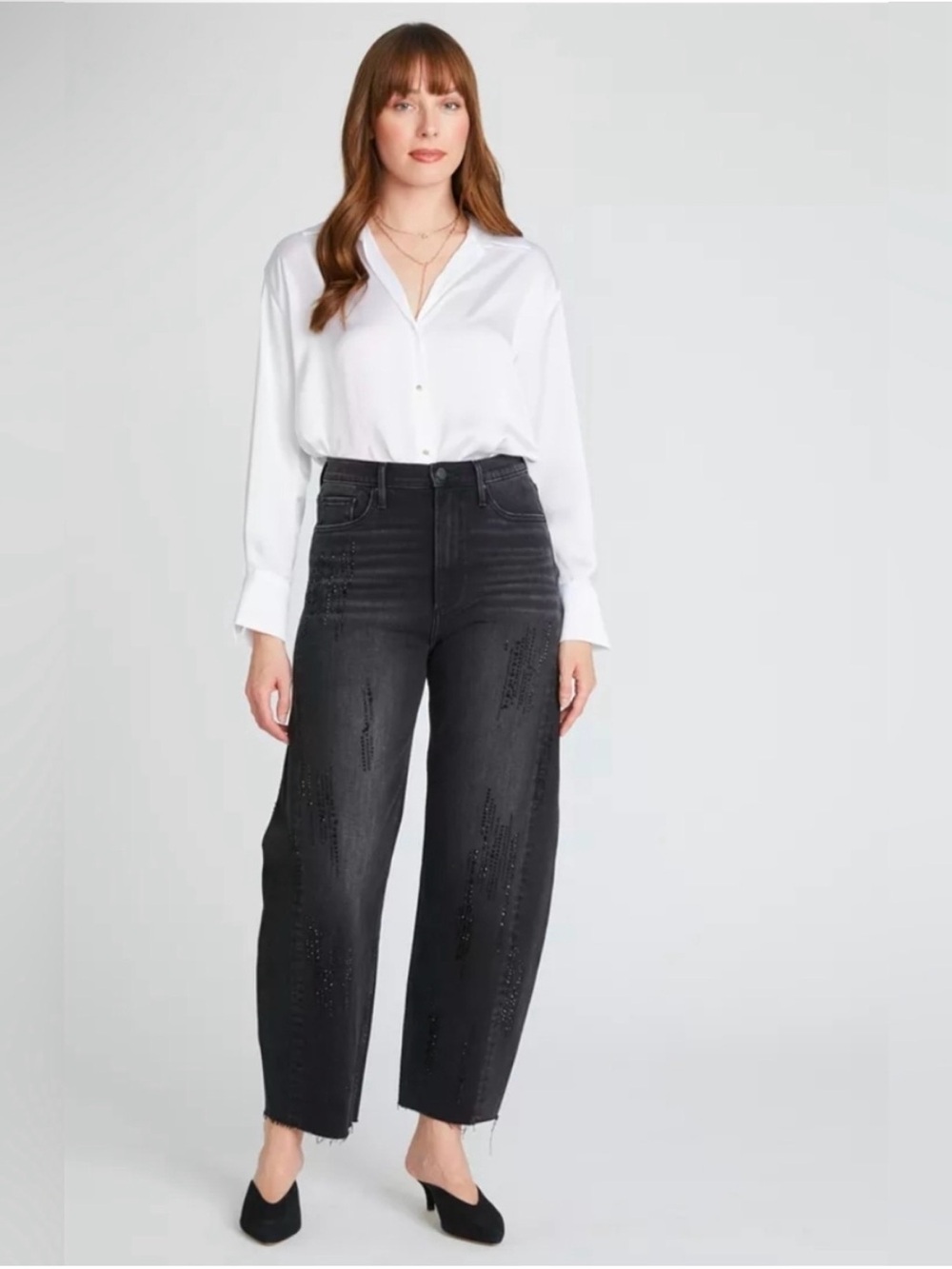 Driftwood Parker Embellished High-Rise Barrel Jeans 27 Black Raw Hem NWT